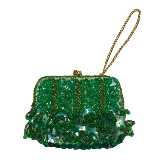 Vintage Beaded Purse Sequins Beads Wristlet Chain Coin Green JEM Hong Kong - Picture 1 of 4